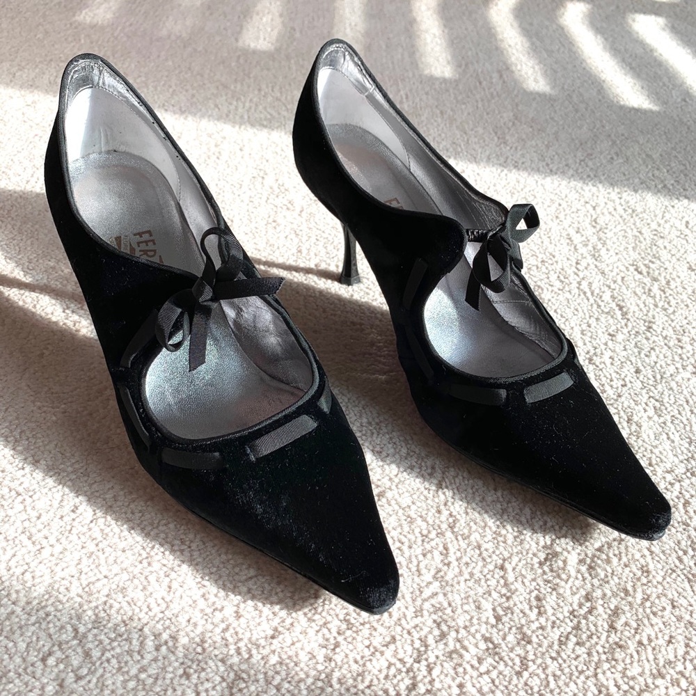 Salvatore Ferragamo Black Velvet Heels, size 8.5